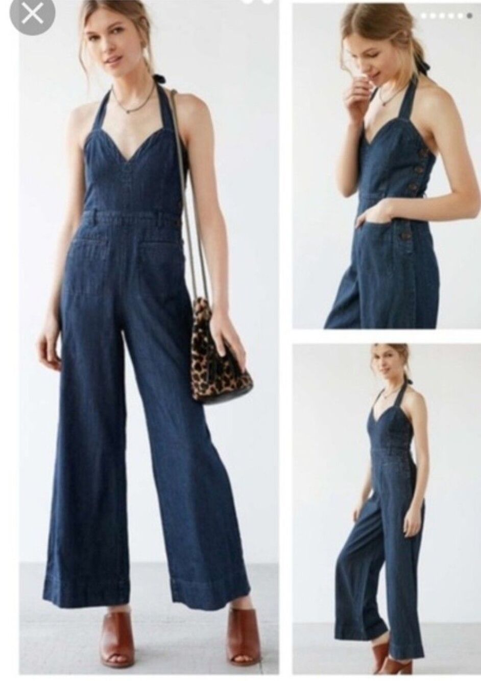 Cooperative Harley Chambray Denim Halter Wide Leg Jumpsuit Size 0 Flare Pin Up